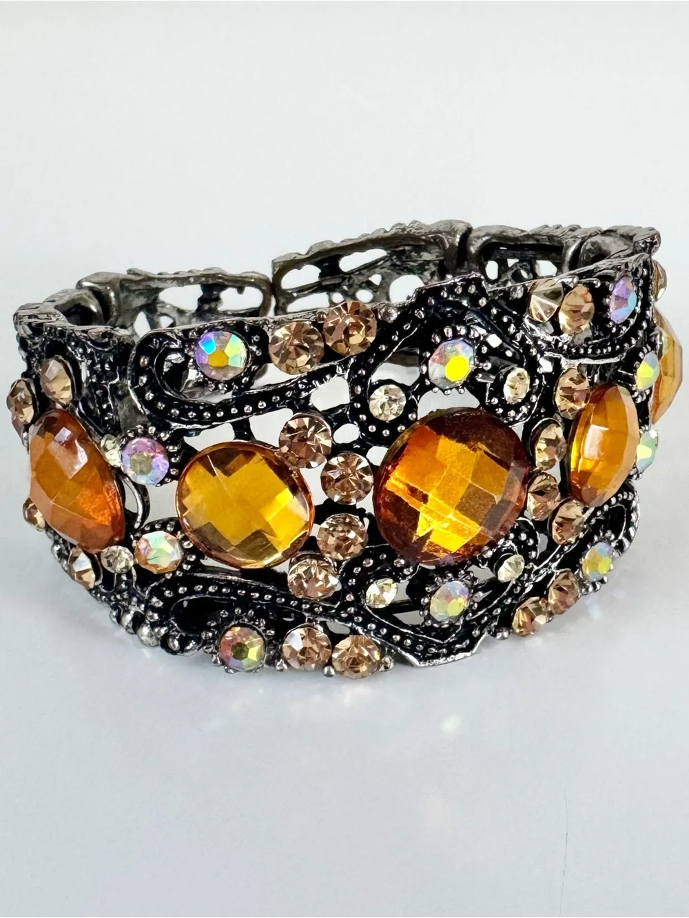Amber Crystal Metal Cuff Bracelet Scrollwork Iridescent Rhinestone